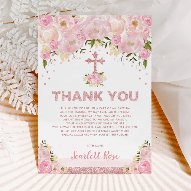 Rose Gold Blush Pink Floral Baptism Thank You Card | Zazzle