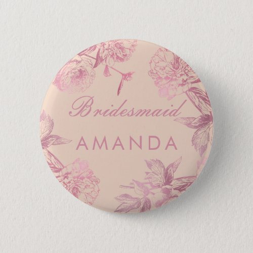 Rose Gold Blush Pink Floral Bridesmaid Name Tag Button