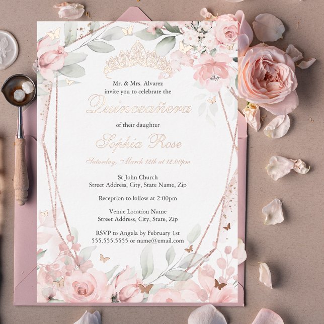Rose Gold Blush Pink Floral Butterfly Quinceanera  Foil Invitation (Creator Uploaded)