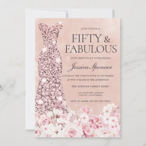 Rose Gold Blush Pink Floral Fabulous 50th Birthday Invitation