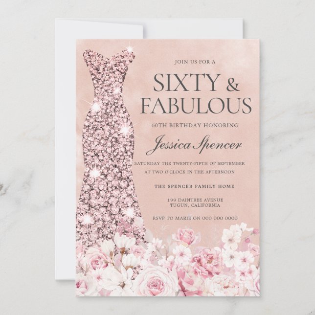 Rose Gold Blush Pink Floral Fabulous 60th Birthday Invitation (Front)