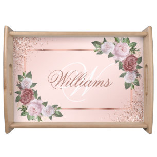 Rose Gold Blush Pink Floral Family Monogram Serving Tray