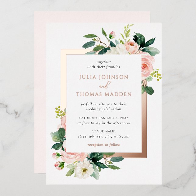 Rose Gold Blush Pink Floral Frame Wedding  Foil Invitation (Front/Back)