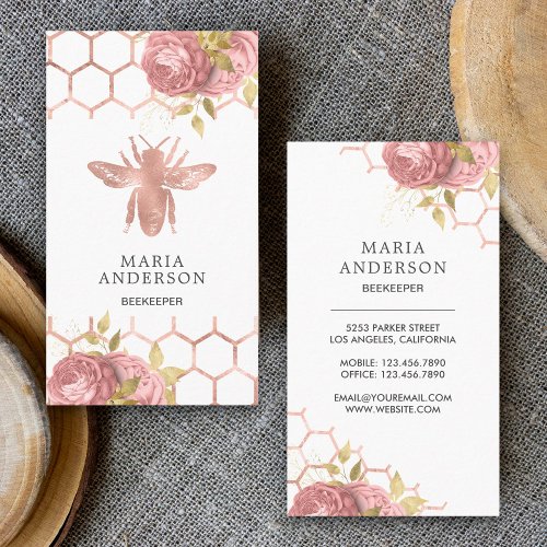 Rose Gold Blush Pink Floral Honey Bee Beekeeper Business Card