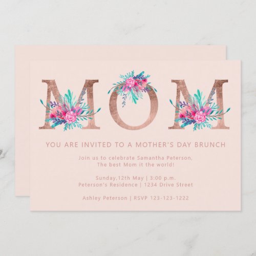 Rose gold blush pink floral letter Mom mother day Invitation