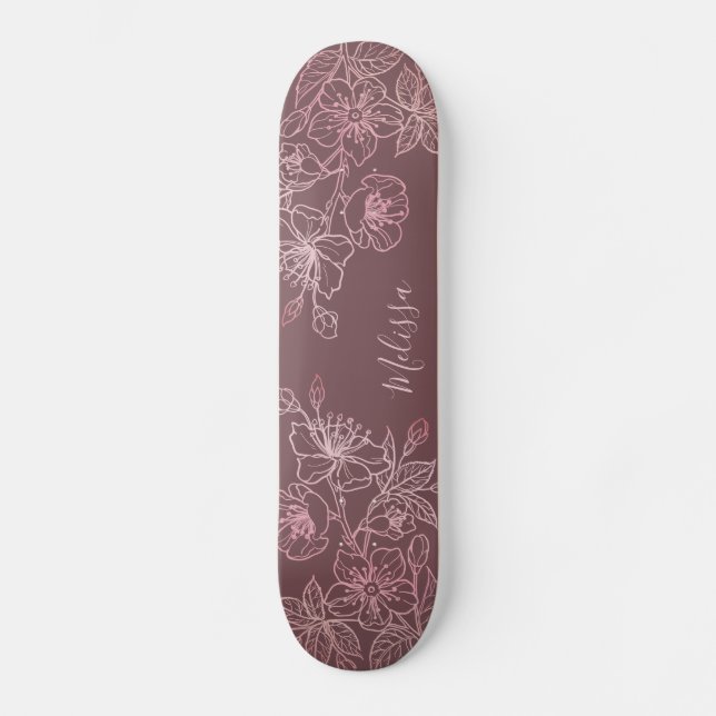 Rose Gold Blush Pink Floral Monogram Skateboard (Front)
