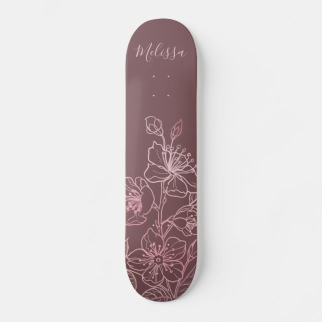 Rose Gold Blush Pink Floral Monogram Skateboard (Front)