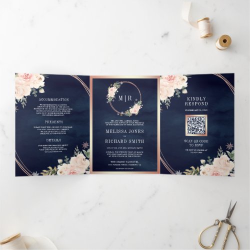 Rose Gold Blush Pink Floral QR Code Navy Wedding Tri_Fold Invitation