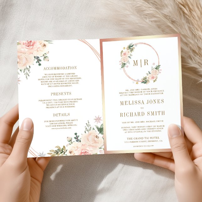 Rose Gold Blush Pink Floral QR Code Wedding Invitation (Creator Uploaded)