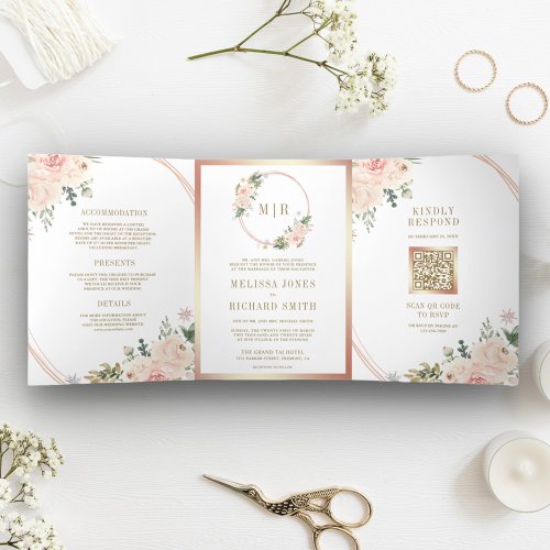 Rose Gold Blush Pink Floral QR Code Wedding Tri_Fold Invitation
