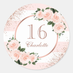 Rose Gold Blush Pink Floral Sweet 16 Birthday Classic Round Sticker