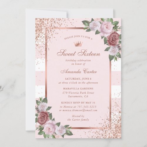 Rose Gold Blush Pink Floral Sweet Sixteen Birthday Invitation