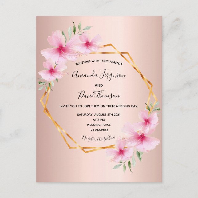 Rose gold blush pink floral wedding invitation postcard (Front)