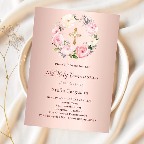 Rose gold blush pink florals cross First Communion