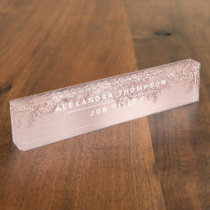 Rose Gold Blush Pink Girly Glitter Dust Desk Name Plate