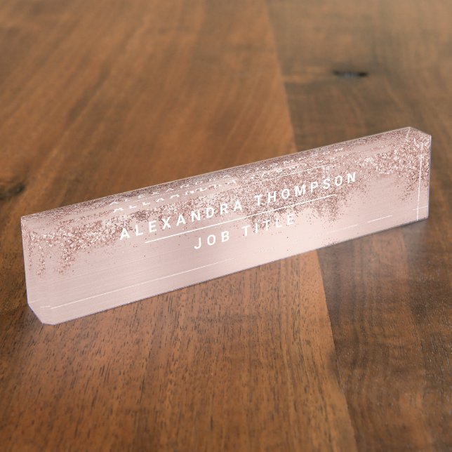 Rose Gold Blush Pink Girly Glitter Dust  Desk Name Plate (Side)