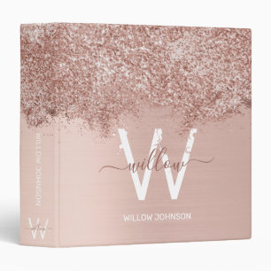Rose Gold Blush Pink Girly Glitter Dust Monogram 3 Ring Binder