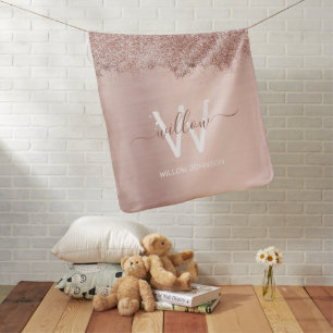 Rose Gold Blush Pink Girly Glitter Dust Monogram Baby Blanket