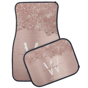 Rose Gold Blush Pink Girly Glitter Dust Monogram Car Floor Mat
