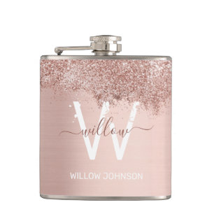 Rose Gold Blush Pink Girly Glitter Dust Monogram Flask