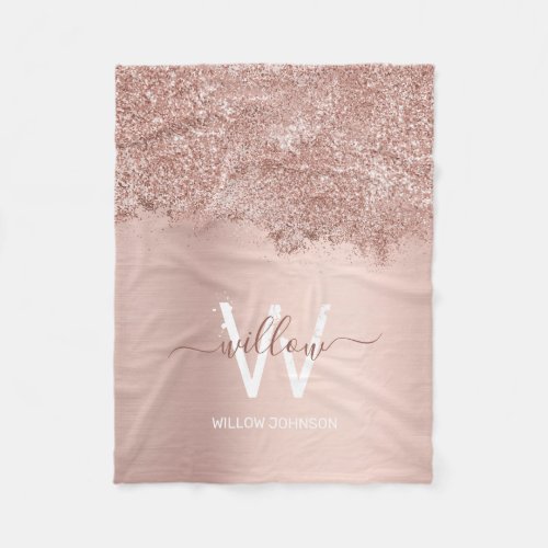 Rose Gold Blush Pink Girly Glitter Dust Monogram Fleece Blanket