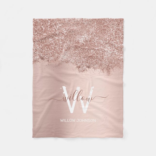 Rose Gold Blush Pink Girly Glitter Dust Monogram Fleece Blanket (Front)