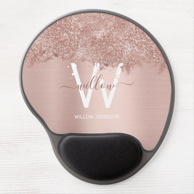 Rose Gold Blush Pink Girly Glitter Dust Monogram Gel Mouse Pad (Front)