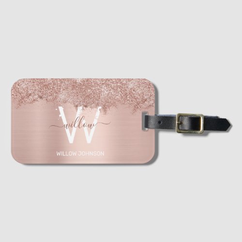 Rose Gold Blush Pink Girly Glitter Dust Monogram Luggage Tag