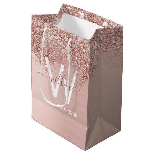 Rose Gold Blush Pink Girly Glitter Dust Monogram Medium Gift Bag (Front Angled)