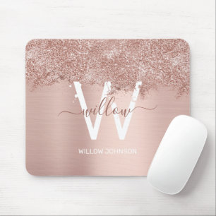 Rose Gold Blush Pink Girly Glitter Dust Monogram Mouse Pad
