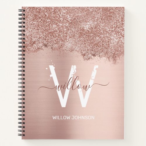 Rose Gold Blush Pink Girly Glitter Dust Monogram Notebook