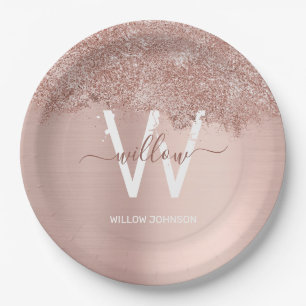 Rose Gold Blush Pink Girly Glitter Dust Monogram Paper Plates