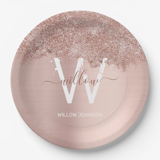 Rose Gold Blush Pink Girly Glitter Dust Monogram Paper Plates (Front)