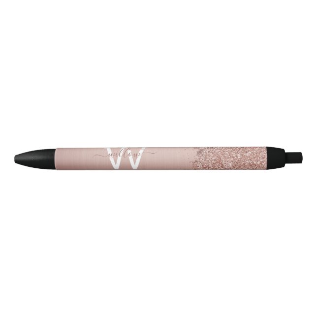 Rose Gold Blush Pink Girly Glitter Dust Monogram Pen (Front)