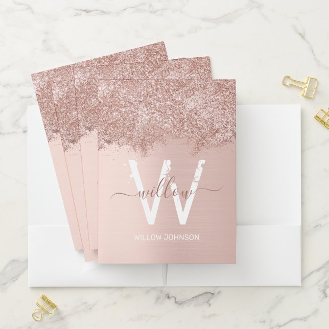 Rose Gold Blush Pink Girly Glitter Dust Monogram Pocket Folder (In Situ)