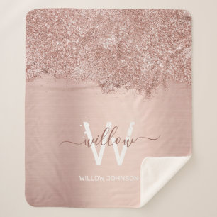 Rose Gold Blush Pink Girly Glitter Dust Monogram Sherpa Blanket