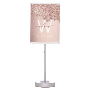 Rose Gold Blush Pink Girly Glitter Dust Monogram Table Lamp