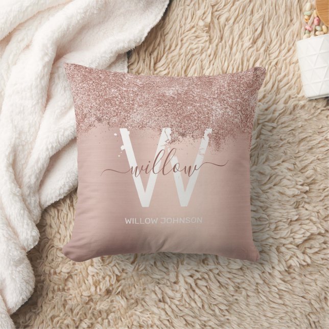 Rose Gold Blush Pink Girly Glitter Dust Monogram Throw Pillow (Blanket)