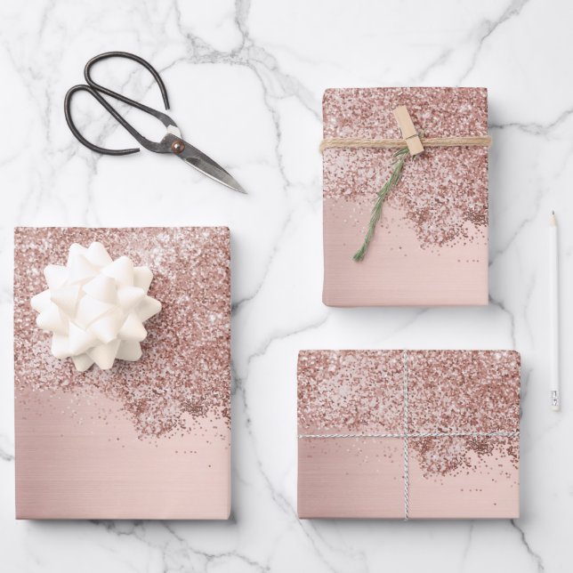 Rose Gold Blush Pink Girly Glitter Dust Wrapping Paper Sheets (Front)