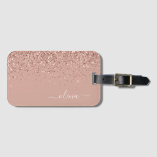 Rose Gold Blush Pink Girly Glitter Monogram Luggage Tag