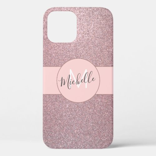 Rose Gold Blush Pink Girly Glitter Monogram Name iPhone 12 Case