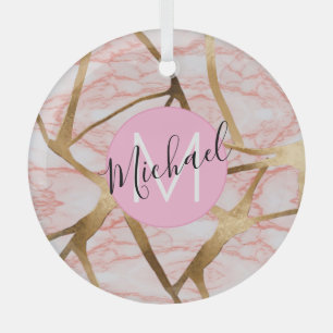 Rose Gold Blush Pink Girly Glitter Monogram Name Glass Ornament