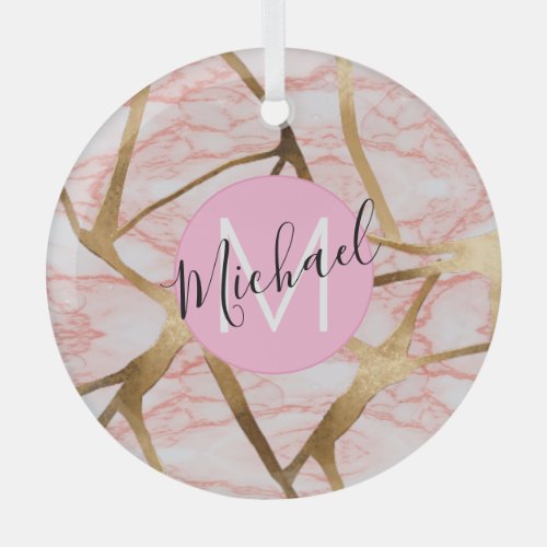 Rose Gold Blush Pink Girly Glitter Monogram Name  Glass Ornament