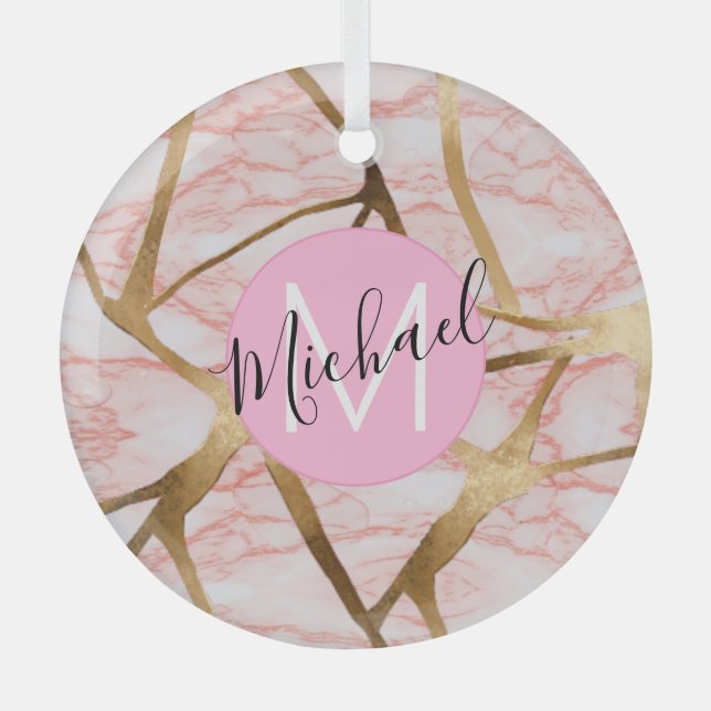 Rose Gold Blush Pink Girly Glitter Monogram Name  Glass Ornament (Front)