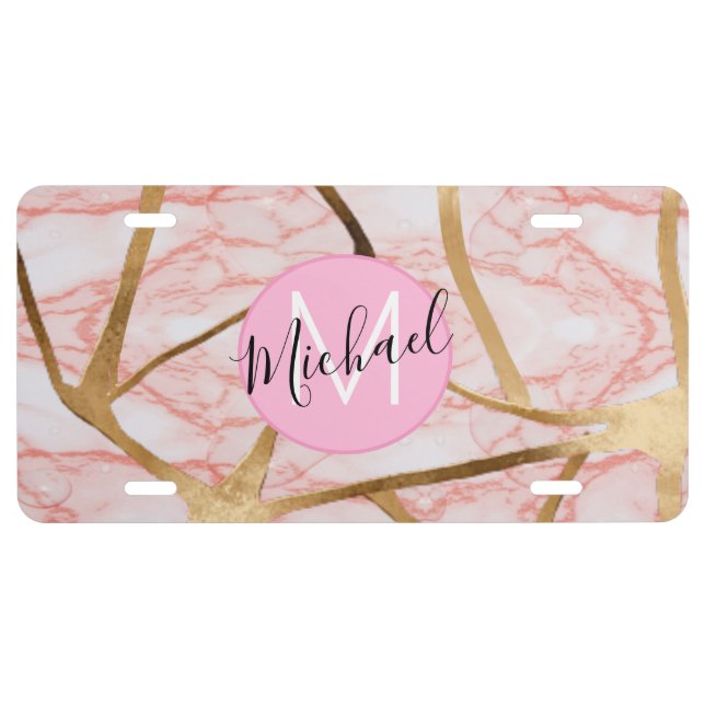Rose Gold Blush Pink Girly Glitter Monogram Name License Plate (Front)