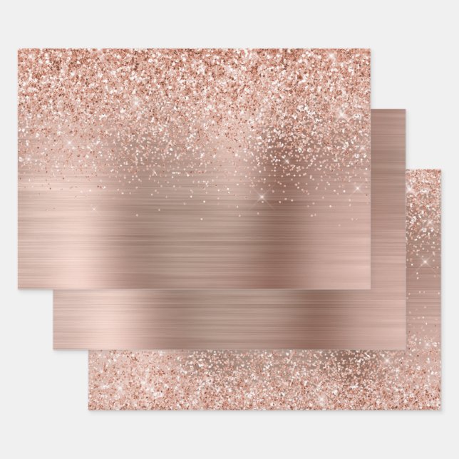 Rose Gold Blush Pink Glam Glitter Wrapping Paper Sheets (Set)
