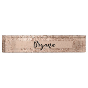 Rose Gold Blush Pink Glam Sparkle Crackle Chic Desk Name Plate