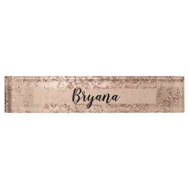 Rose Gold Blush Pink Glam Sparkle Crackle Chic Desk Name Plate (Front)