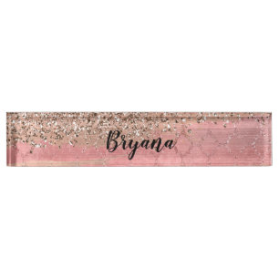 Rose Gold Blush Pink Glam Sparkle Crackle Chic Desk Name Plate