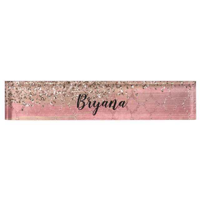 Rose Gold Blush Pink Glam Sparkle Crackle Chic Desk Name Plate (Front)